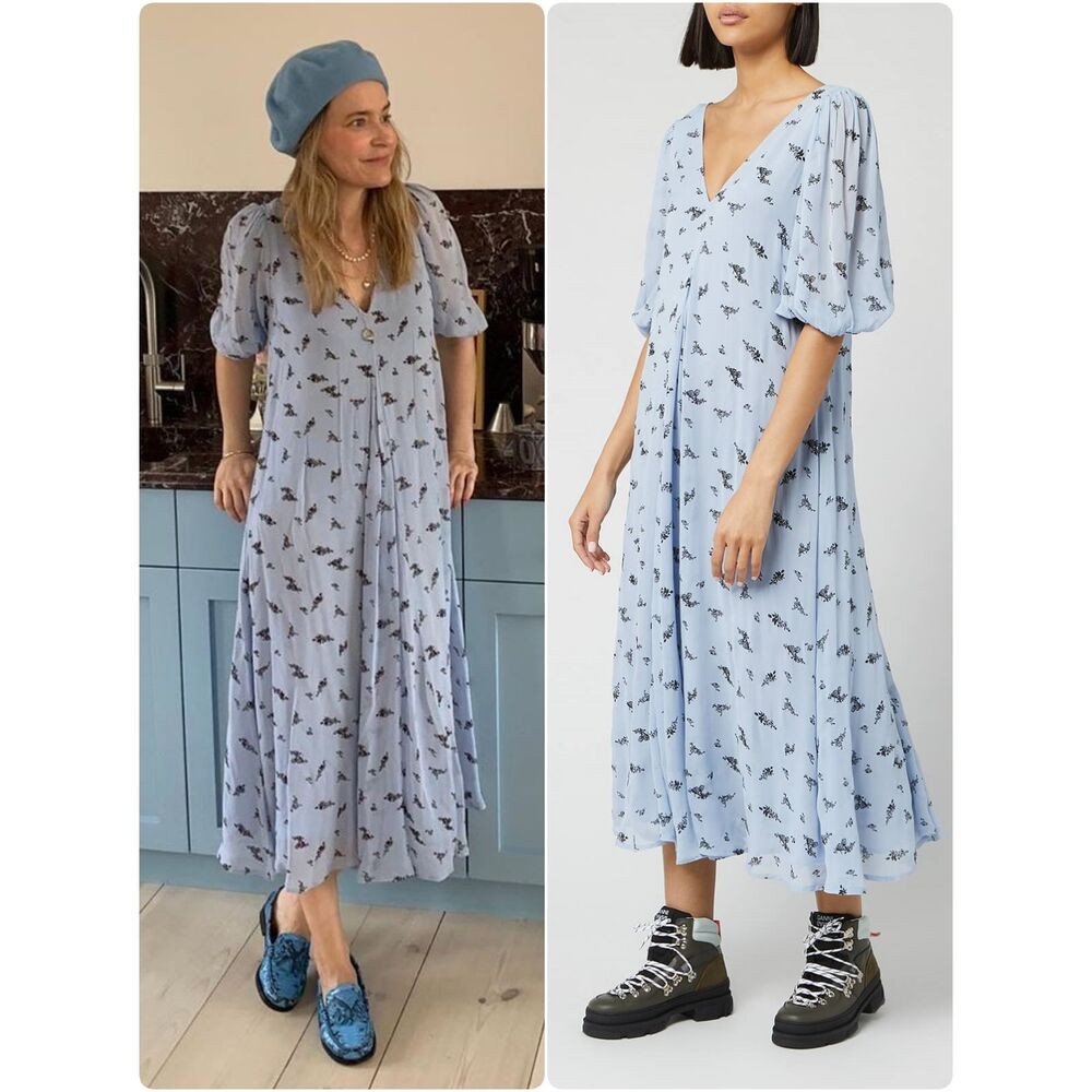 NWT GANNI Floral Georgette Midi Dress Brunnera Blue Size 0, 2, 4 $245